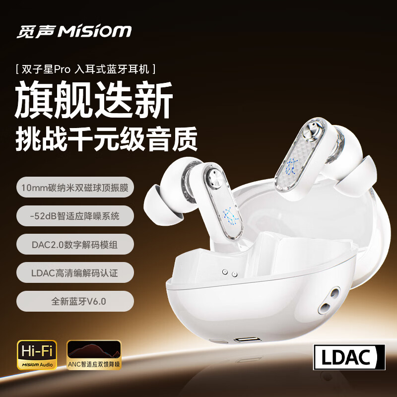 觅声双子星Pro  无线蓝牙耳机入耳式主动降噪HiFi高音质学生音乐跑步运动久戴不痛超长续航 觅声双子星Pro经典白-LDAC高清编码认证