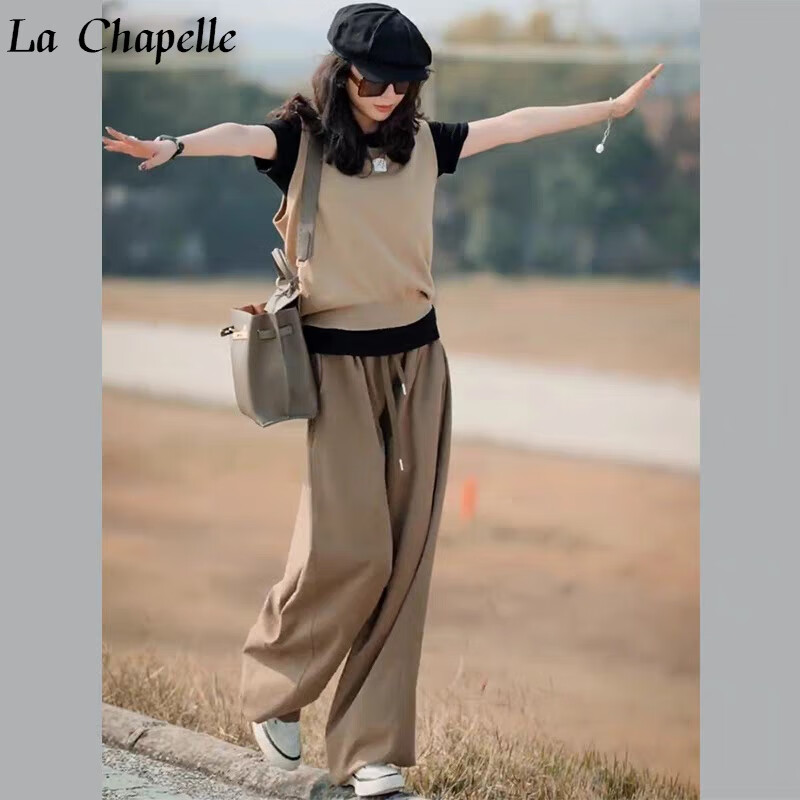 拉夏贝尔（La Chapelle）女装休闲套装2023新款减龄盐系穿搭名媛气质休闲阔腿裤职业两件套 三件套 XL
