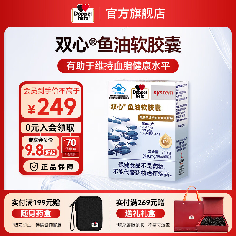 Doppel herz96%EPA鱼油软胶囊高纯度有助于维持血脂健康水平 鱼油软胶囊 60粒*1盒