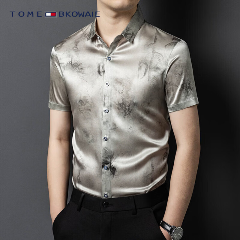 TOME BKOWAIE汤米高档真丝短袖衬衫男夏薄款时尚啊我相信痞帅印花桑蚕丝男上衣 图片色 3XL 190