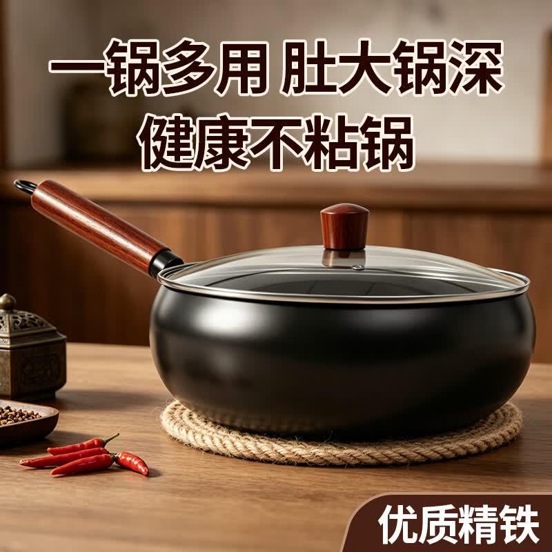 辰居大肚锅炒锅不粘锅家用老式铁锅燃气灶电磁炉专用炒菜锅加深平底锅 28cm无盖【不粘大肚铁锅】加大加深 28cm
