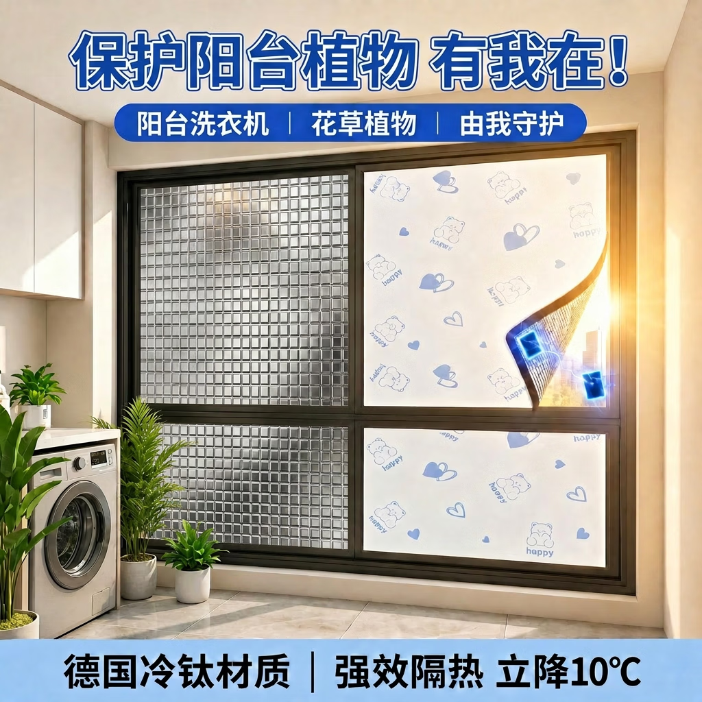 梓晨【阳台专用】家用窗户玻璃防晒落地窗西晒保护植物洗衣机隔热铝膜 【冷钛隔热】爱心小熊-强磁吸款-黑包边 定制请咨询客服