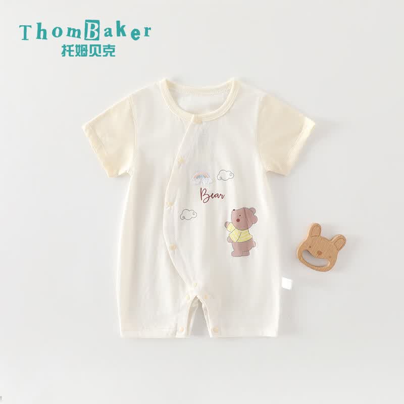 托姆贝克(ThomBaker)婴儿衣服夏季卡通短袖连体衣纯棉薄款无骨男女宝宝哈衣睡衣 短袖蘑菇熊粉 90cm