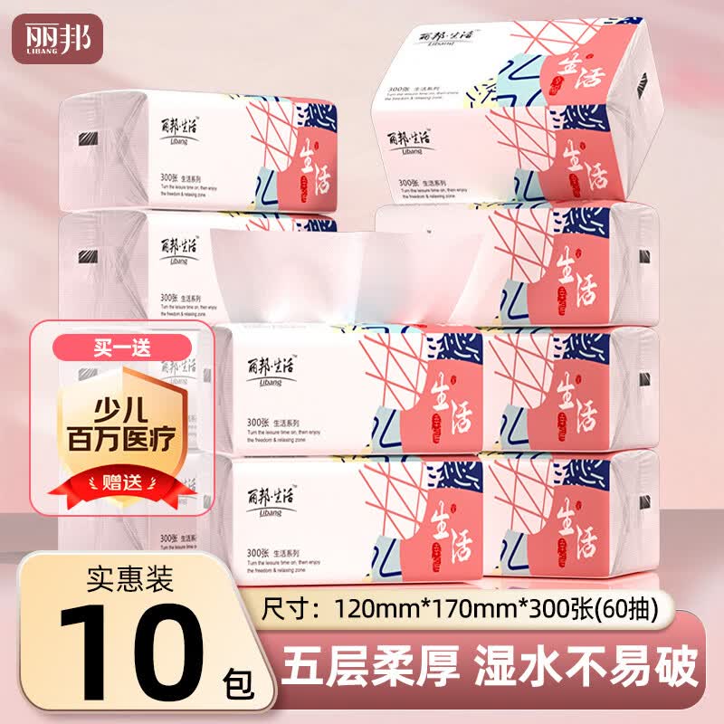 丽邦抽纸5层300张*10包纸抽纸巾一整箱家庭装餐巾纸卫生厕纸