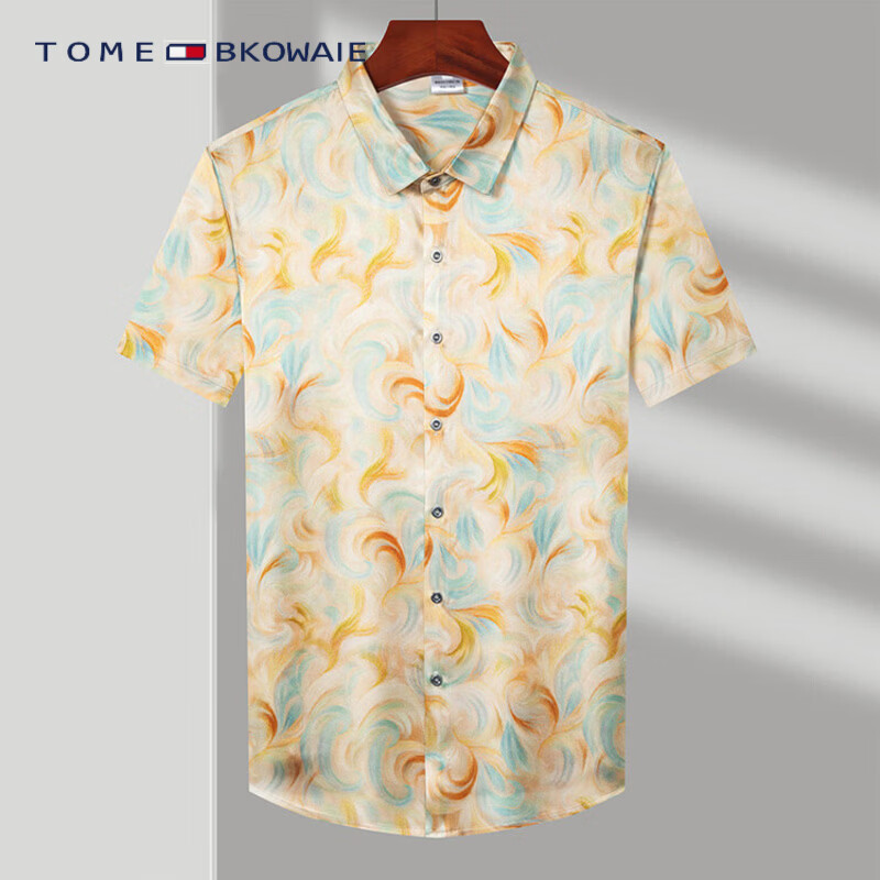 TOME BKOWAIE汤米高档桑蚕丝短袖衬衫男士夏季新款印花真丝衬衣商务半袖衣服 杏色 4XL