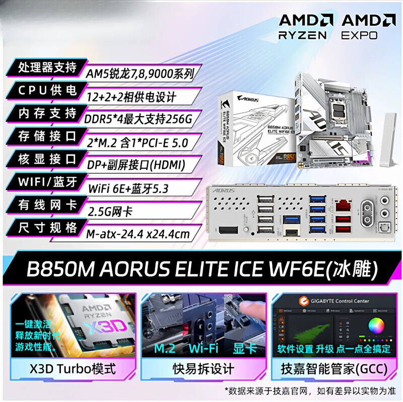 技嘉(GIGABYTE)B850M/X870E AORUS ELITE AX ICE PRO AX 冰雕 /魔鹰/小雕 技嘉B850M AORUS ELITE ICE W