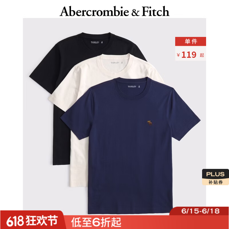 Abercrombie &amp; Fitch经典小麋鹿图案纯棉3件组合装重磅短袖T恤25秋季男装124-5044 海军蓝多色 L (180/108A)