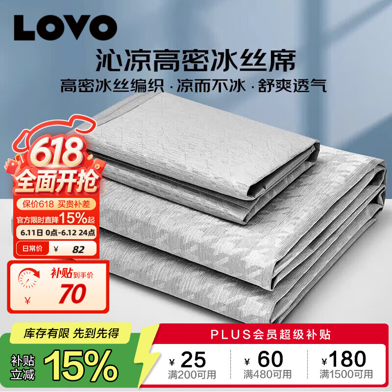 自营LOVO罗莱家纺150D冰丝席三件套，叠政补到手69.9元