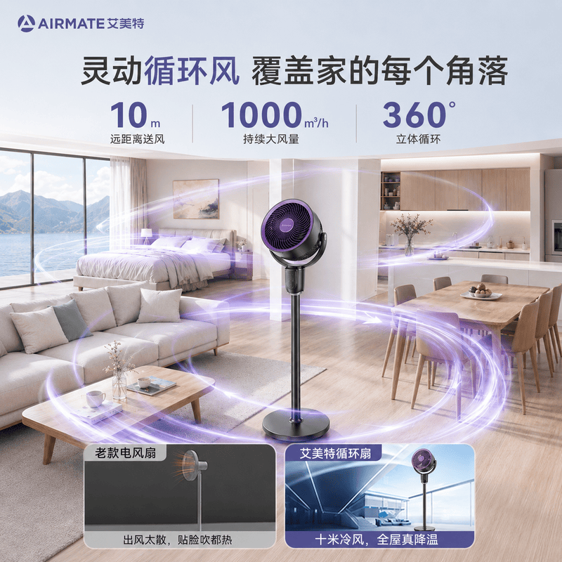 艾美特(AIRMATE)森氧MAX负离子QJ空气循环扇语音智能家用电风扇负离子净化落地扇台式桌面宿舍卧室办公室空调伴侣 【紫色中配款】AI语音闪控+森氧净化-SRD228