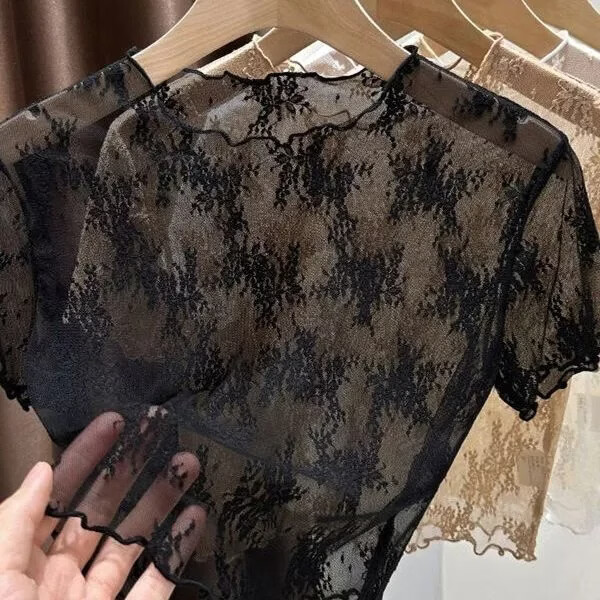 镂空蕾丝打底衫女吊带裙内搭防走光透明薄纱半截网纱上衣 黑色 L 【115-125斤】