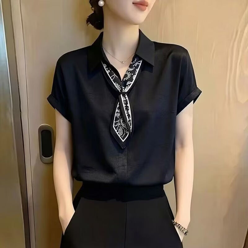 【轻奢爆款】2026夏季新款翻领系带丝巾时尚气质短袖衬衫女职业装 黑色 XL 建议体重【110-120斤】