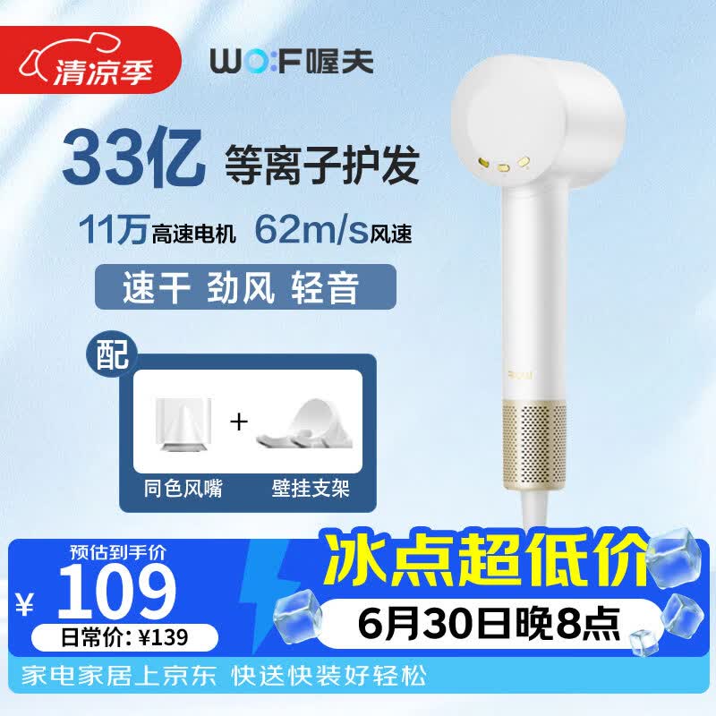 喔夫等离子护发高速吹风机 大风力速干家用电吹风大功率吹风筒  送女友闺蜜节日生日礼物 Air2珠光白 （机器+风嘴+支架）
