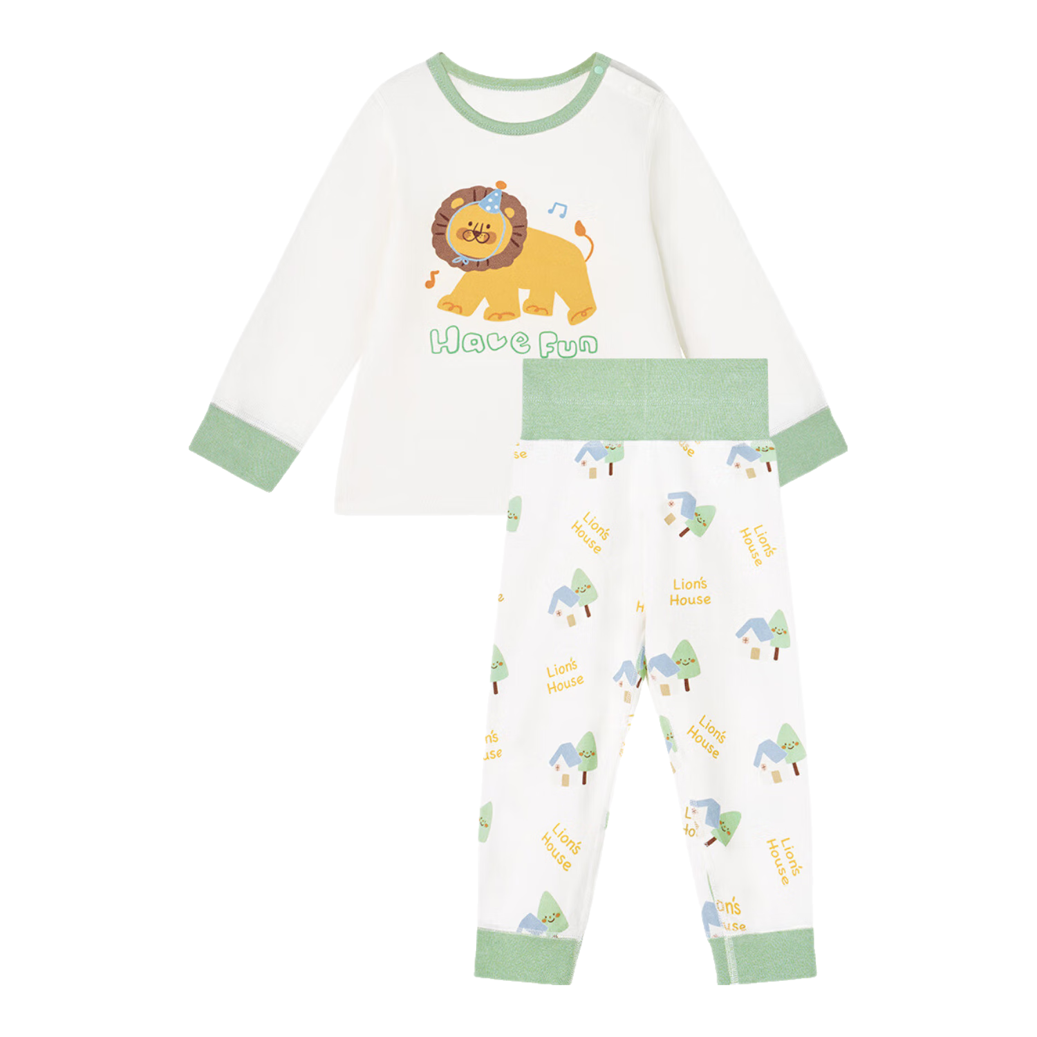 尼多熊秋季新款兒童秋衣秋褲寶寶純棉內(nèi)衣套裝男女高腰護(hù)肚嬰兒 24qd003 松綠獅子 100 cm