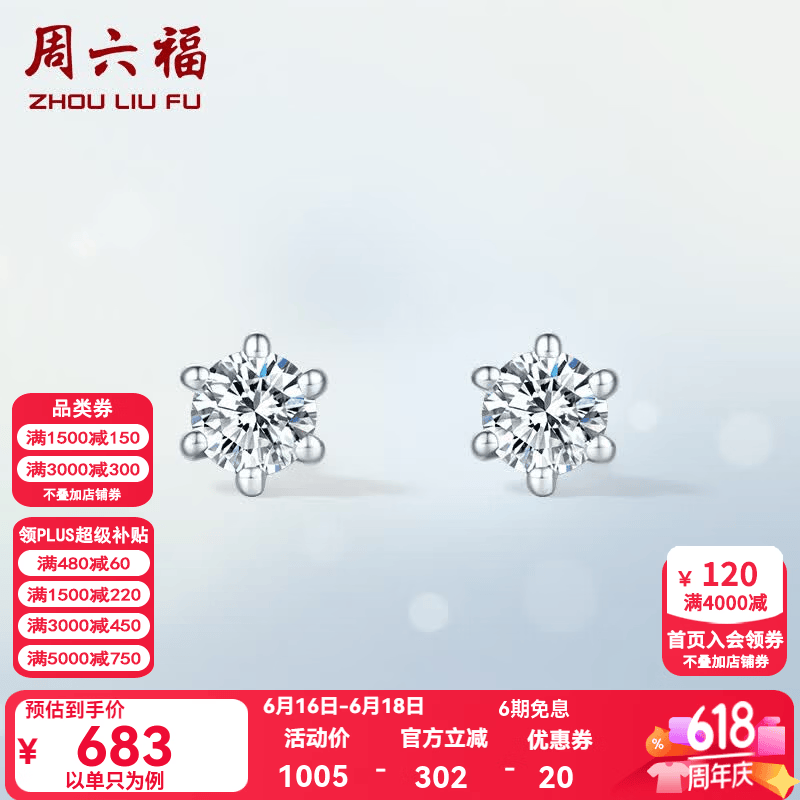 周六福（ZLF）PT950铂金钻石耳钉女璀璨高级耳饰简约耳环送老婆 共10分（一对）