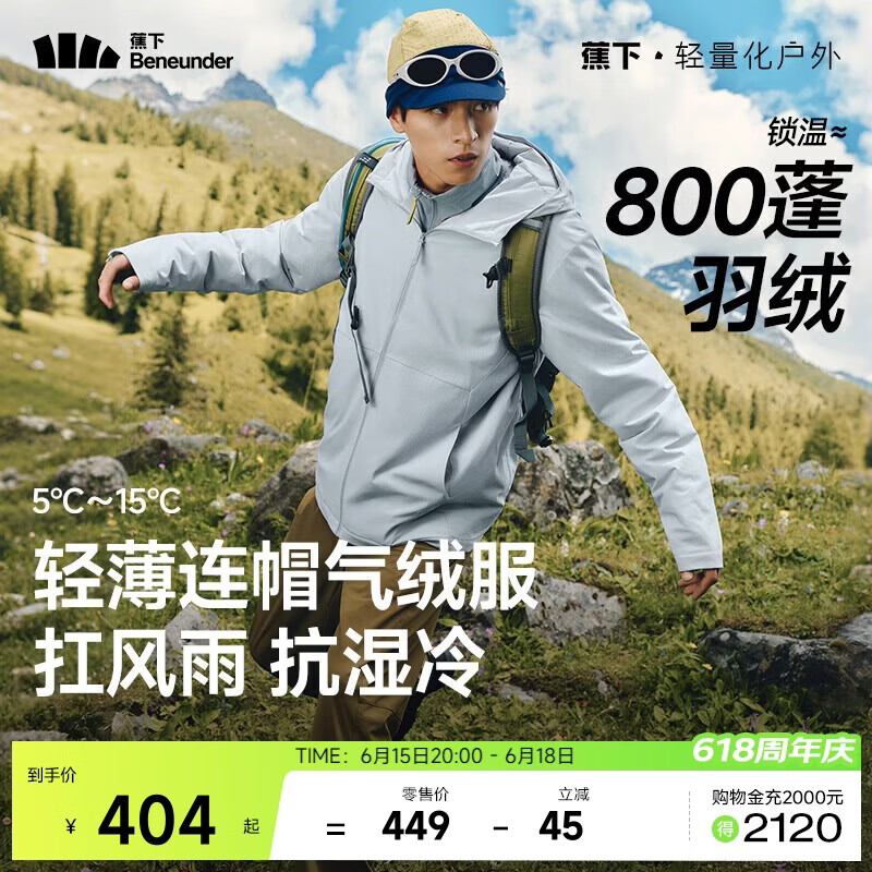 蕉下（beneunder）气绒服男士秋冬季保暖连帽轻薄夹克外套户外CL233薄灰蓝XL