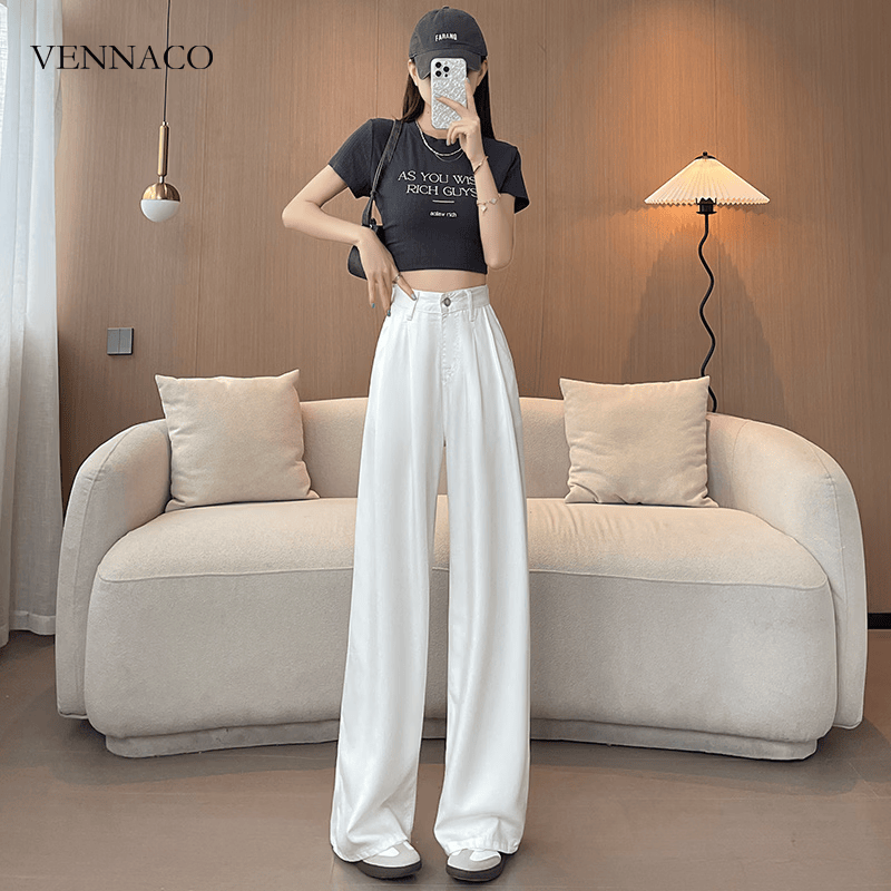 维纳珂（VENNACO）夏季高腰天丝牛仔裤女直筒显瘦垂感阔腿裤冰丝长裤子 浅蓝色-九分 158CM以下 2XL 133-145斤