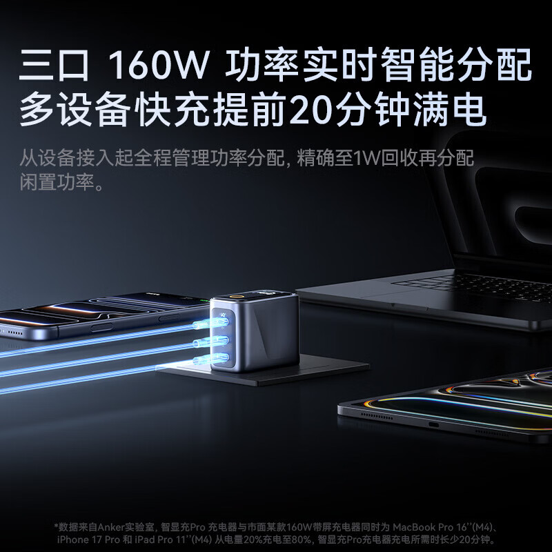 ANKER安克160W智显充Pro【苹果17/电脑】屏显充电器三口typec单口140WMaxPrime华为平板笔记本电脑 【华为小米全协议升级款】160W+屏显+APP连接