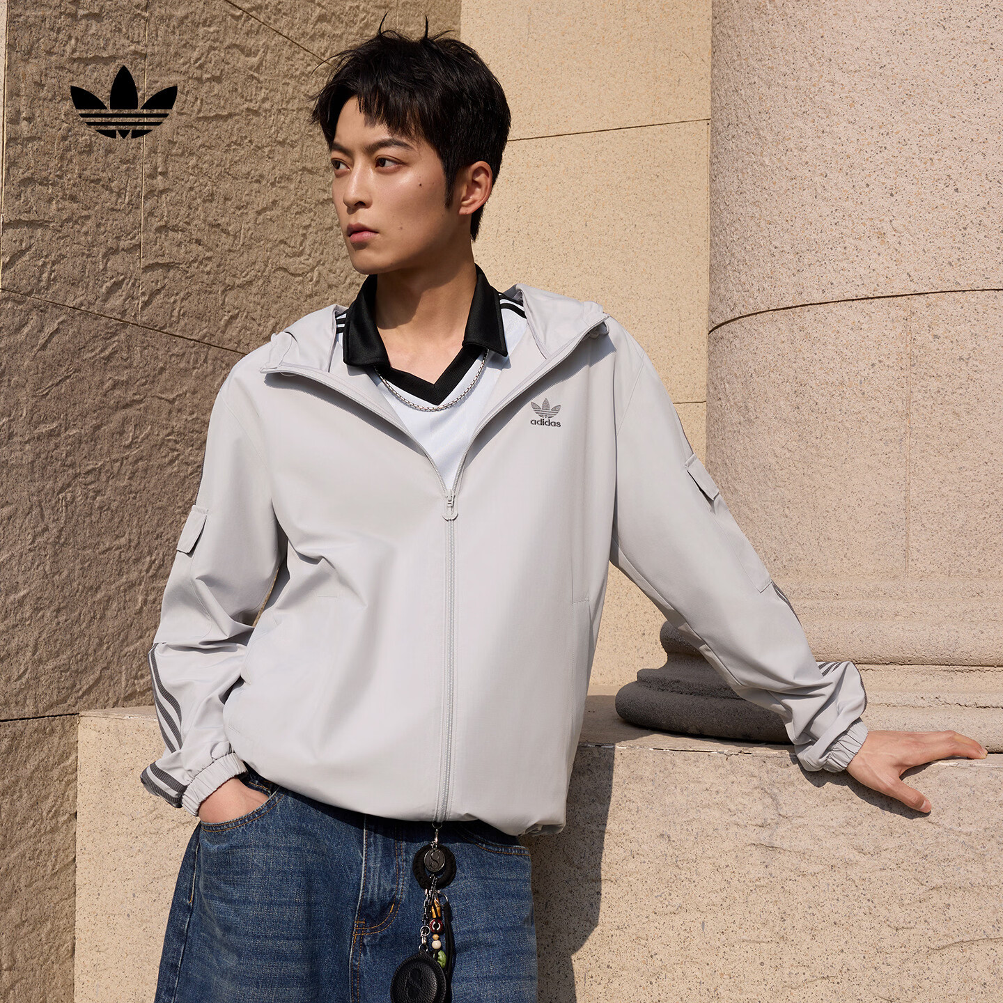 adidas运动夹克外套男装春季新款阿迪达斯官方三叶草   浅灰   M