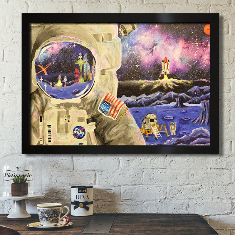 狼天影  宇航员遨游太空人海报墙贴画星空宇宙卡通未来航空天儿童房