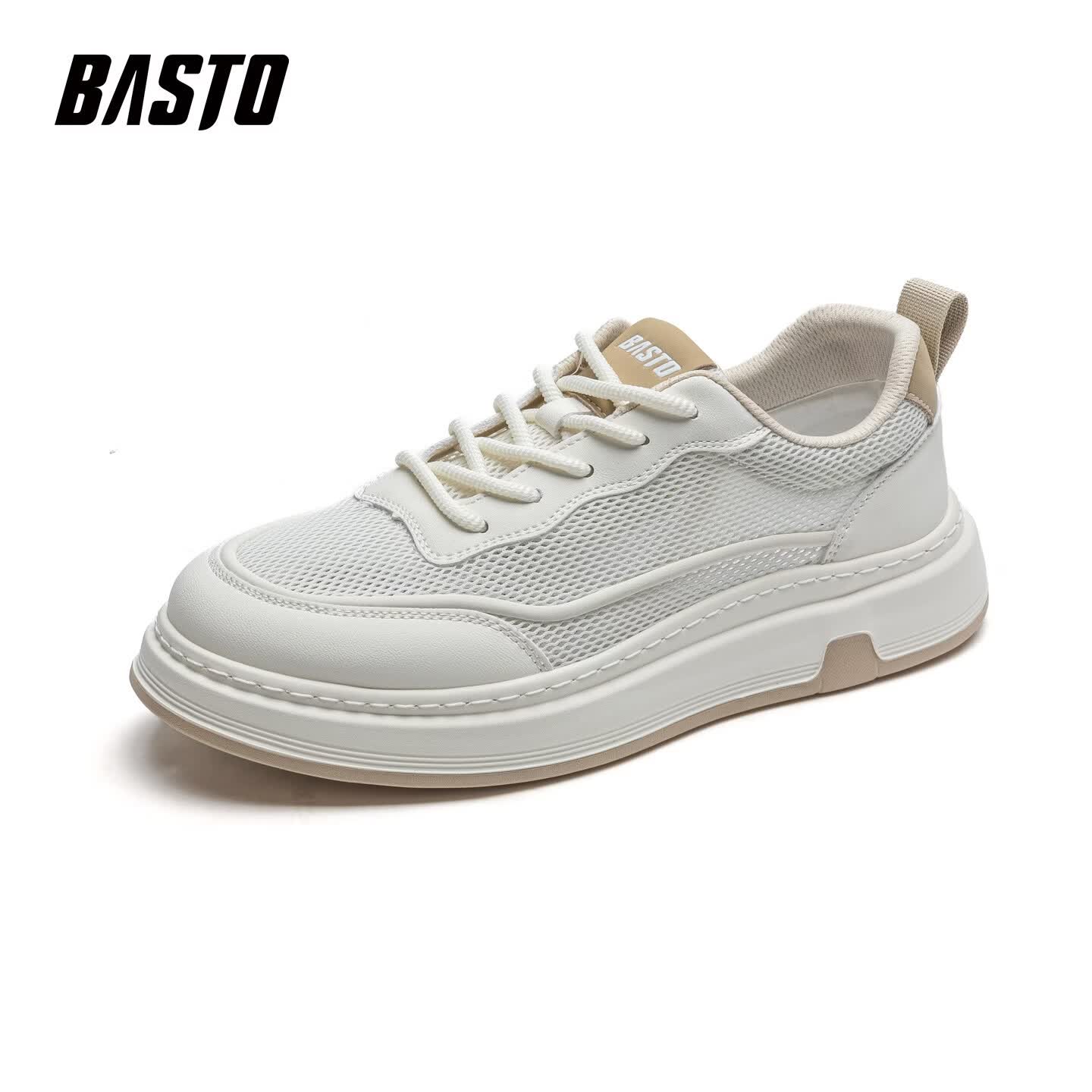 百思图（BASTO）夏季透气网面鞋男2026新款百搭男士休闲板鞋软底防滑耐磨鞋子 白杏色 41 【运动鞋码】