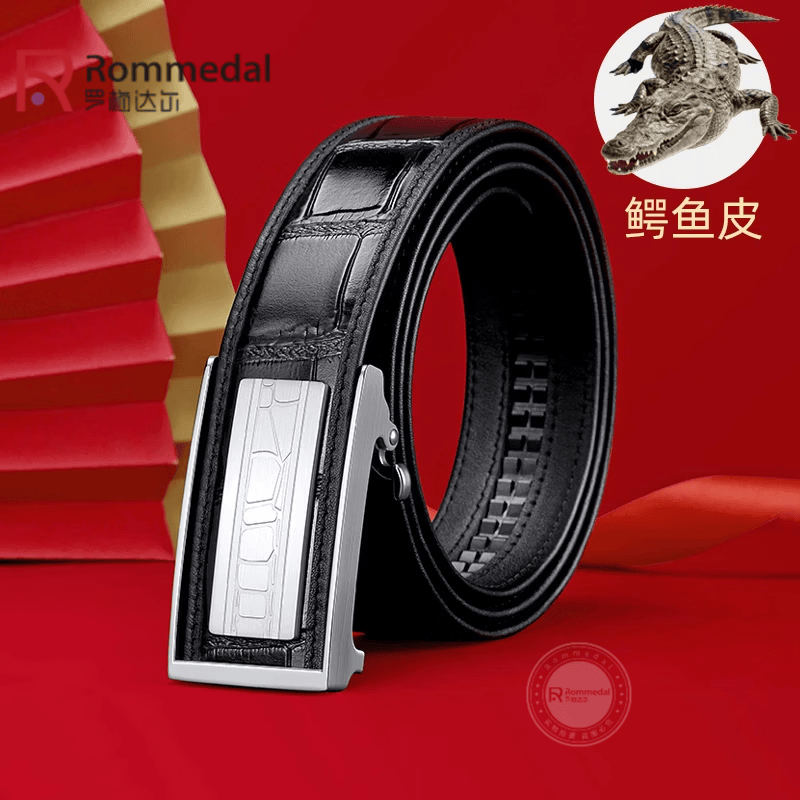 罗梅达尔（Rommedal）男士鳄鱼皮带商务休闲自动扣裤腰带男送老公长辈父亲生日礼物 银色【专柜礼盒】 115cm