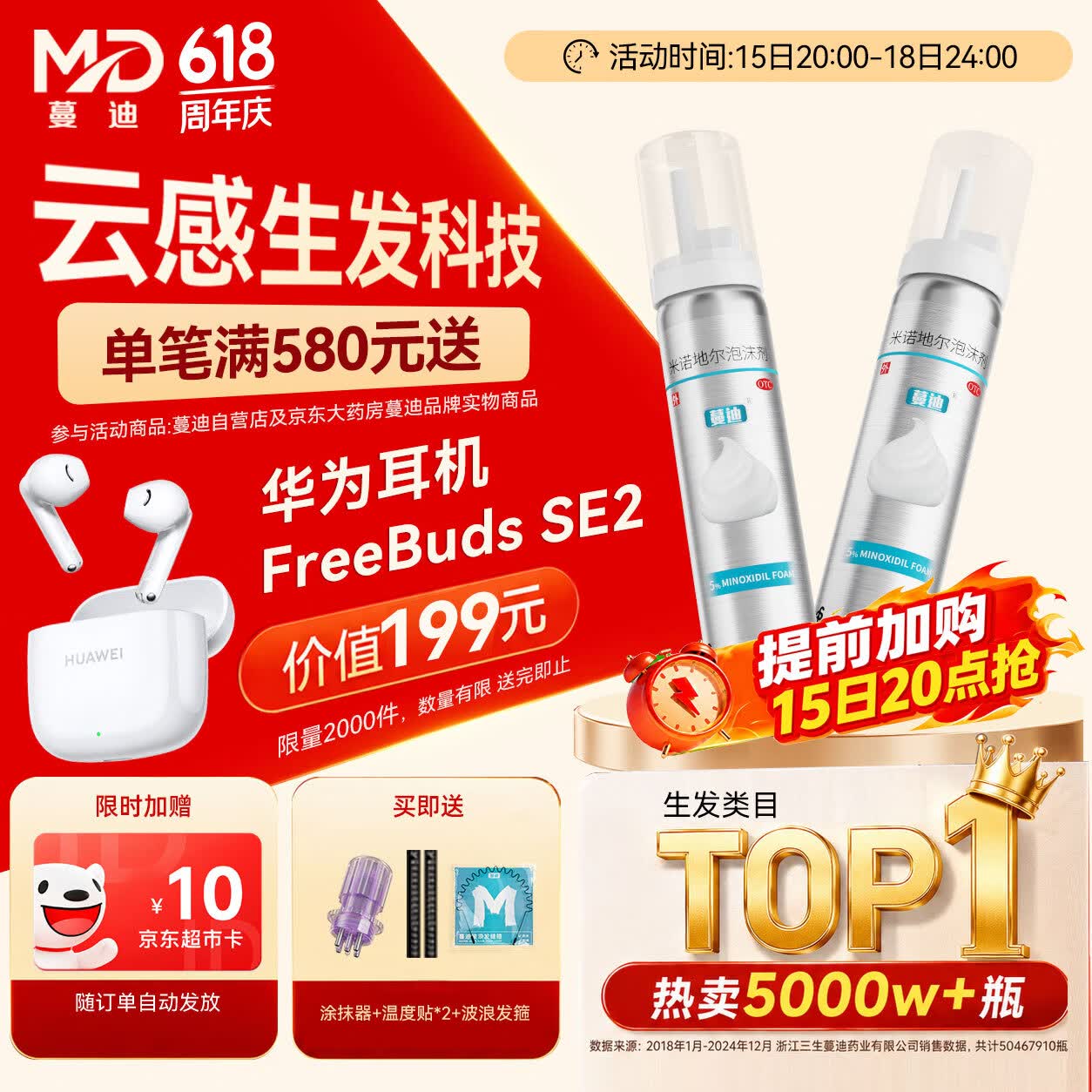 【第二代米诺地尔】蔓迪生发泡沫60g*2（敏皮专属 温和不油腻）5%男女士快速防脱育发米洛原液搽剂酊曼迪