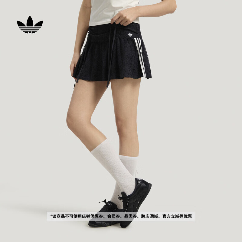 adidas时尚休闲运动风蕾丝褶皱短裙含内衬女夏新款阿迪达斯三叶草   黑色   M