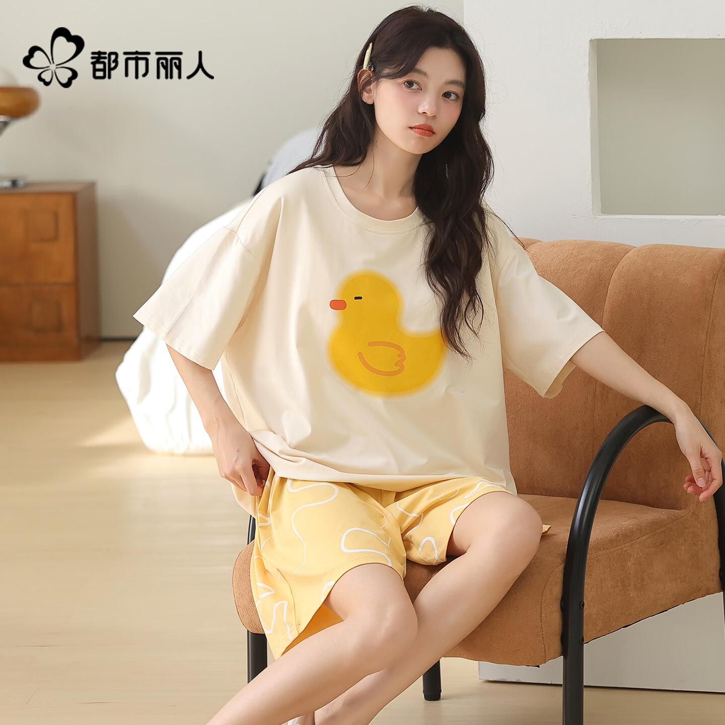 都市丽人女士睡衣纯棉套装云感夏季裸感舒适带胸垫短袖短裤可外穿家居服 条纹小猫 L 建议【100-120斤】