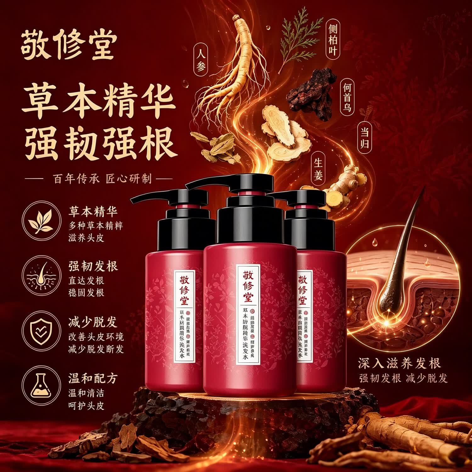 敬修堂草本防脱精华去屑止痒控油洗发水何首乌当归养发固发修护男女专用 敬修堂草本防脱精华洗发水【3瓶巩固】 320ml