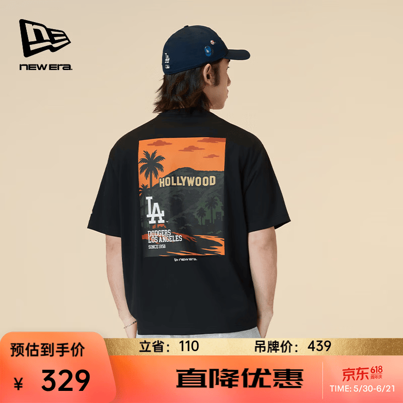 NEW ERA纽亦华26新款MLB短袖T恤海报印花街头时尚男女同款 15040855-黑色/洛杉矶道奇队 M