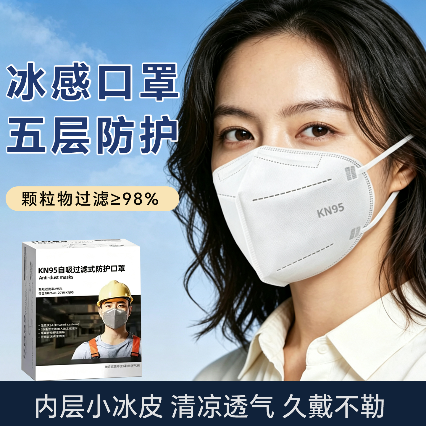 冰感KN95防尘口罩 活性炭防重度工业防尘灰尘 装修打磨专用防护夏季防晒面罩 耳挂式5层【内置冰感无纺布】50只