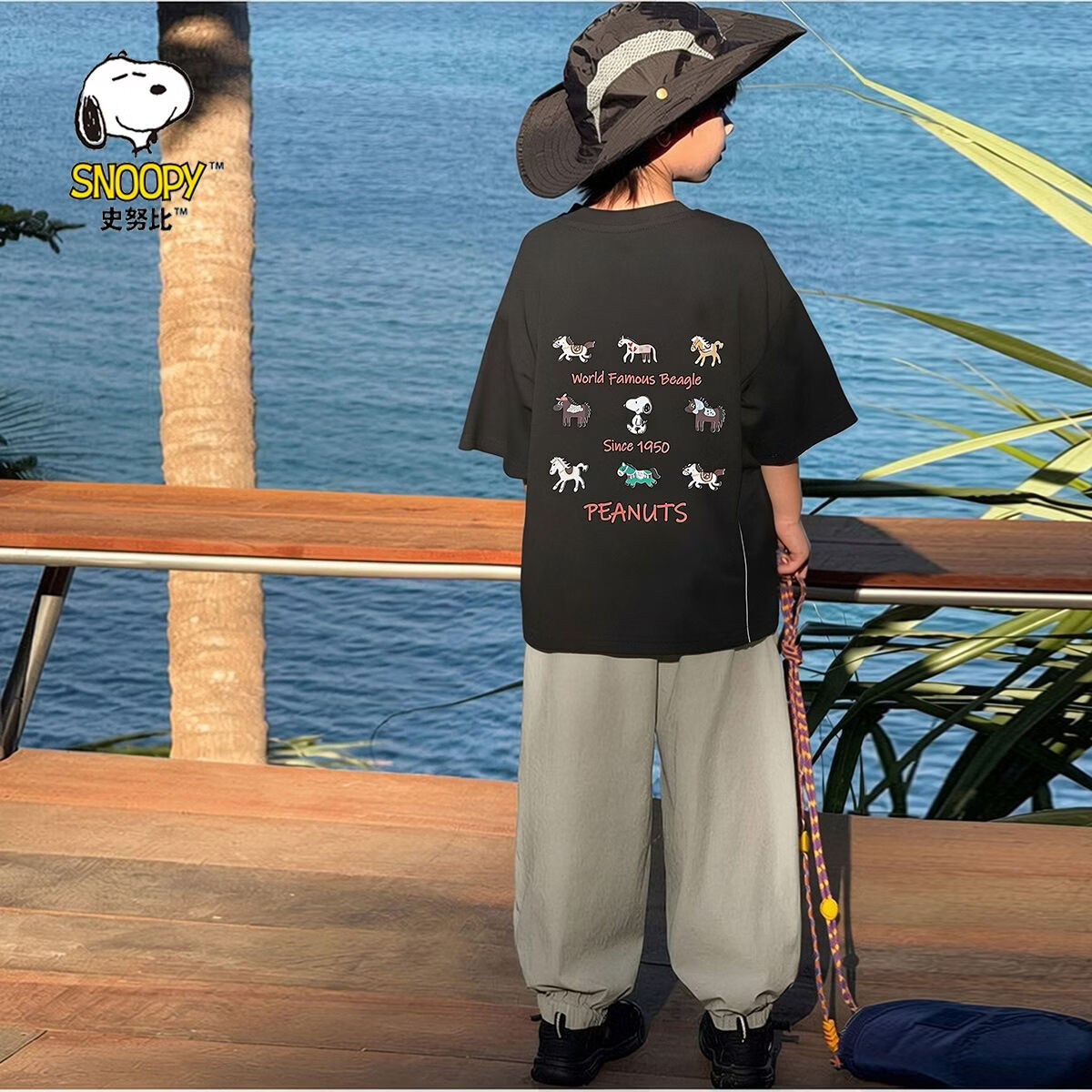 SNOOPY男童2026夏季宽松休闲新疆棉短袖上衣防蚊裤宽松休闲裤 C02浅灰防蚊裤 110