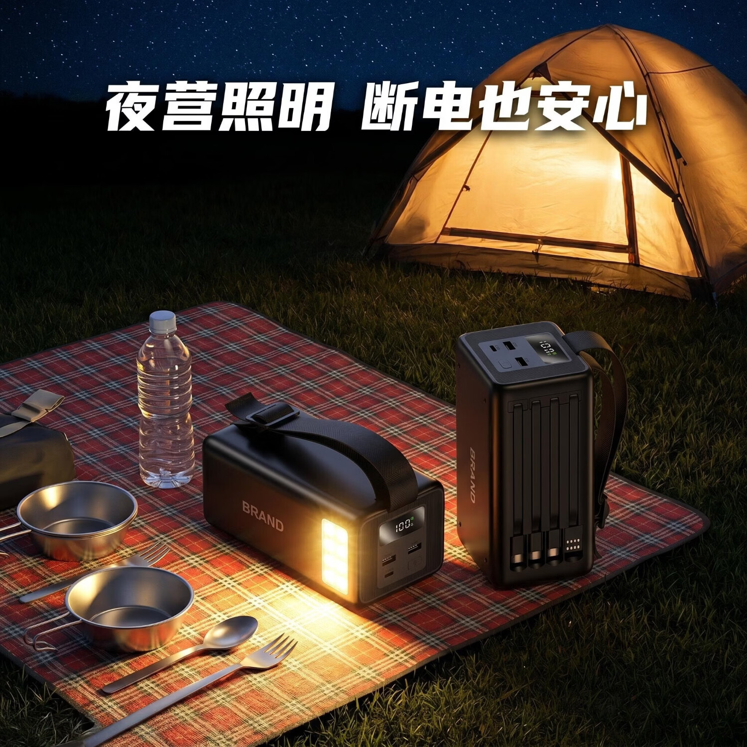 锐仕科露营新款8万毫安移动电源自带四线同充六台 双向快充 LED强光照明适用华为苹果全协议超级快充电宝 曜石黑[超级快充/自带四线/LED强光灯] 80000毫安