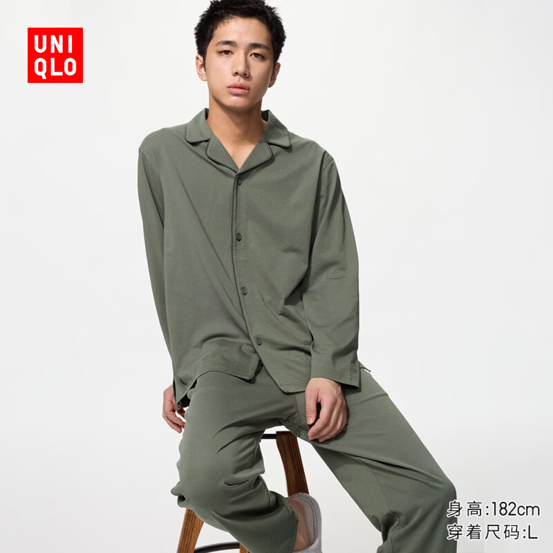 优衣库AIRism棉混纺睡衣/长袖男装486477 57 深橄榄色 XL