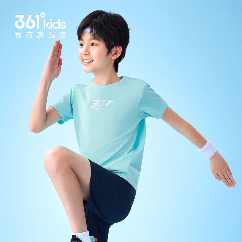 361°童装男女童短袖针织衫夏季新款速干透气儿童T恤中大童冰爽t恤 浅青蓝1203 150 cm
