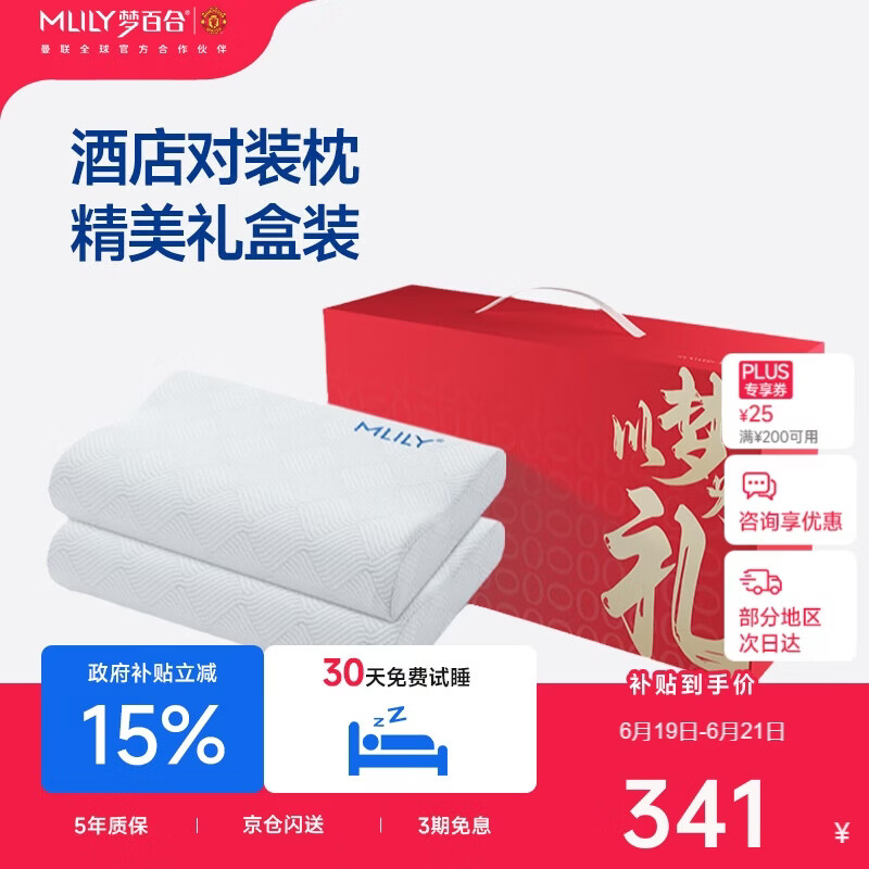 梦百合（MLILY）颈椎枕慢回弹记忆棉枕酒店同款枕头五星零压护颈枕对装送礼礼盒装