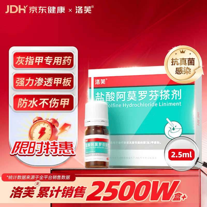 洛芙盐酸阿莫罗芬搽剂5%*2.5ml/盒灰指甲专用药京东自营阿莫罗芬擦剂指甲增厚发黄变厚变空真菌感染正品皮肤用药