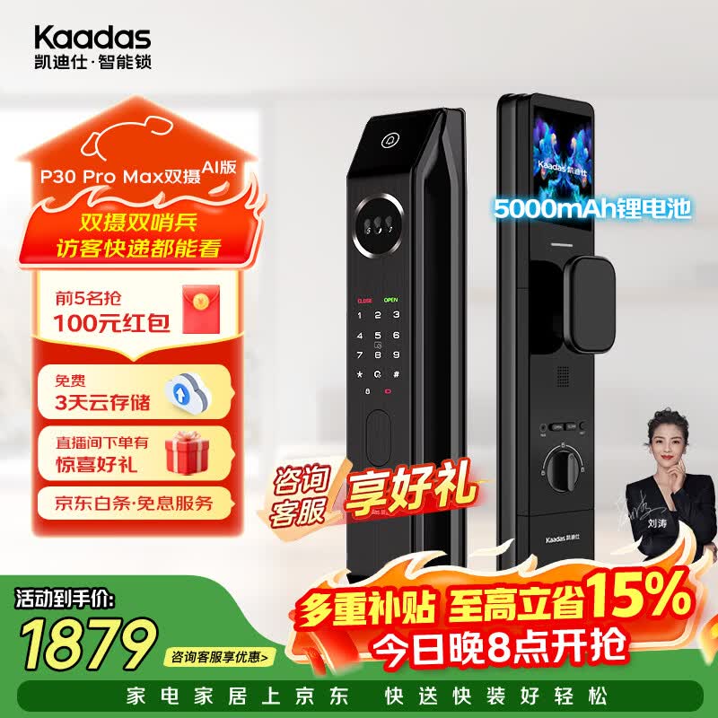 凯迪仕（KAADAS）智能门锁 双摄人脸识别可视猫眼大屏指纹锁 P30 Pro Max双摄AI版
