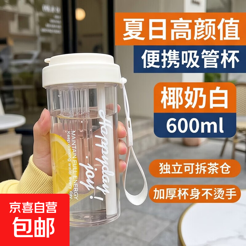 水杯2025女夏天高颜值吸管便携夏日耐高温女生喝水杯子 椰奶白 600ml