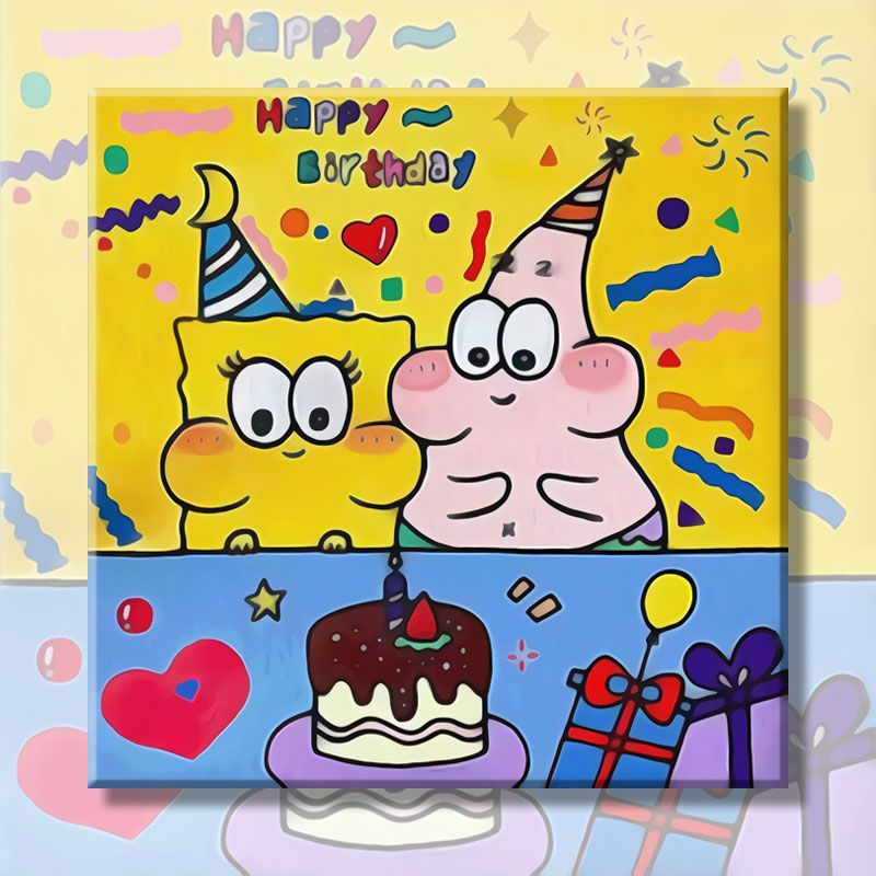 涂色手工海绵宝宝卡通画油彩 562910 30*30cm(实木内框 颜料 画笔)