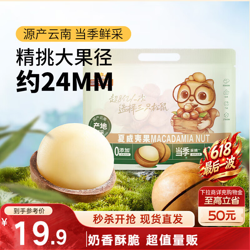 三只松鼠夏威夷果500g约24-26mm儿童每日坚果炒货休闲零食团购送礼