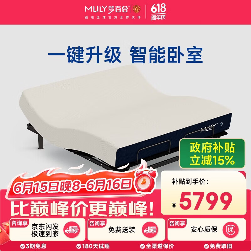 梦百合国民家居联名款智能床 可升降电动床无床头【M1+快充s】1.8米*2米