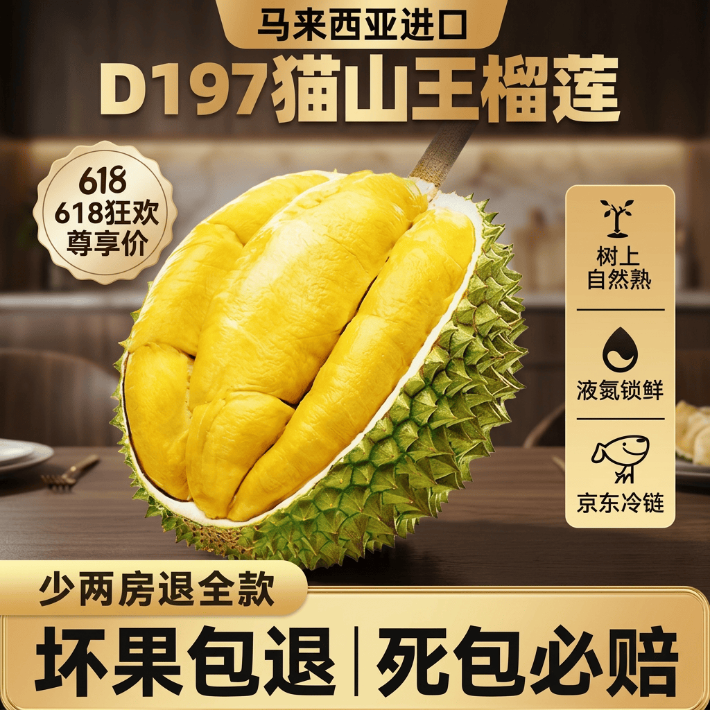 猫山王6斤大果榴莲D197自然熟马来西亚新鲜进口液氮运输保鲜金枕黑刺 甄选AA小果 3-3.5斤1颗【保3-4房】1人享用