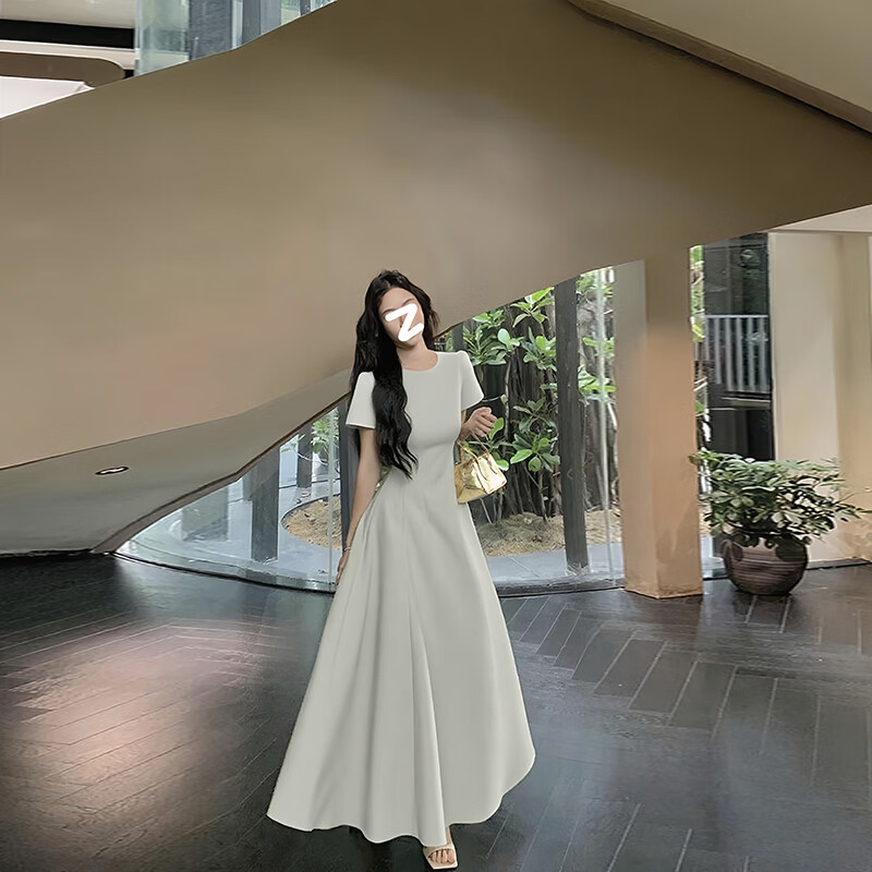 GARNUO粉色短袖连衣裙子女2026夏季新款法式高级感气质礼服收腰显瘦长裙 白色【短袖长款】 S 【80-100斤】