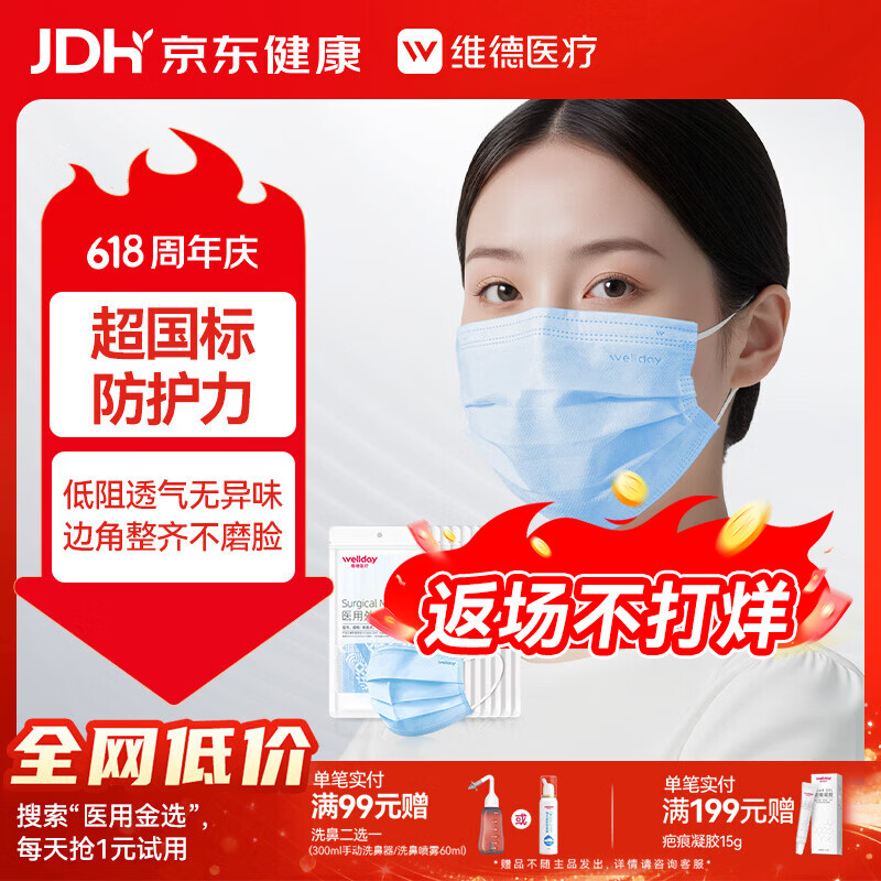 维德（WELLDAY）一次性医用外科口罩灭菌级蓝色100只A1型（无菌）防花粉过敏鼻