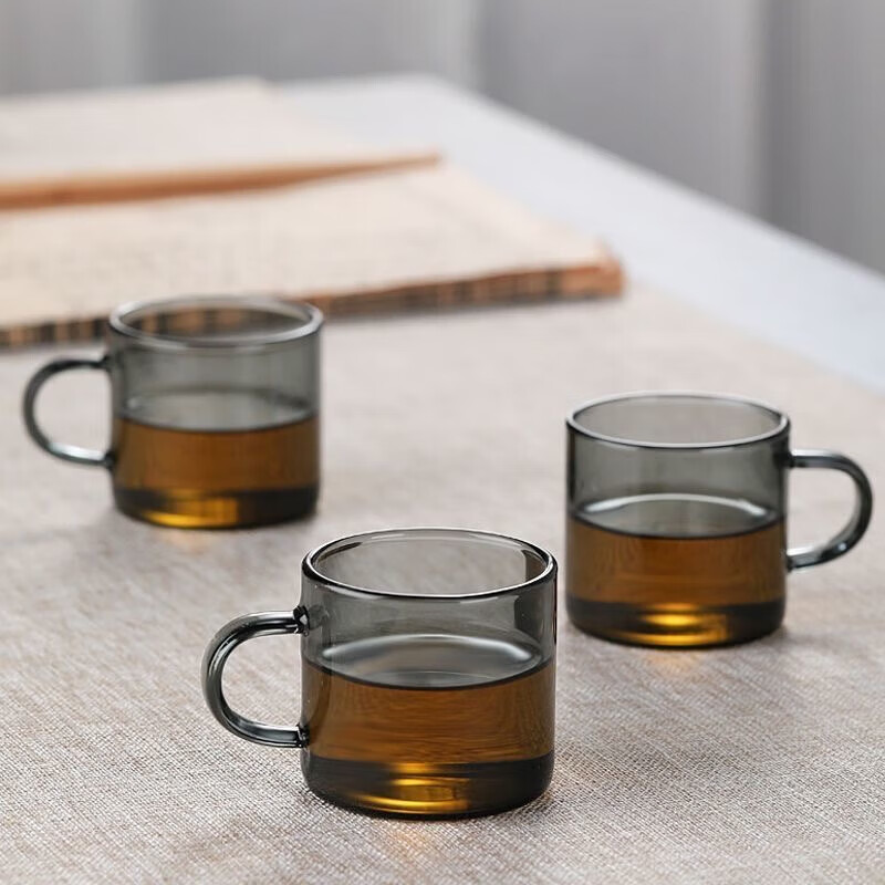 【精选直发】轻奢直身品杯髙硼硅玻璃耐高温加厚玻璃杯带把手茶杯 六只100ml透黑品杯