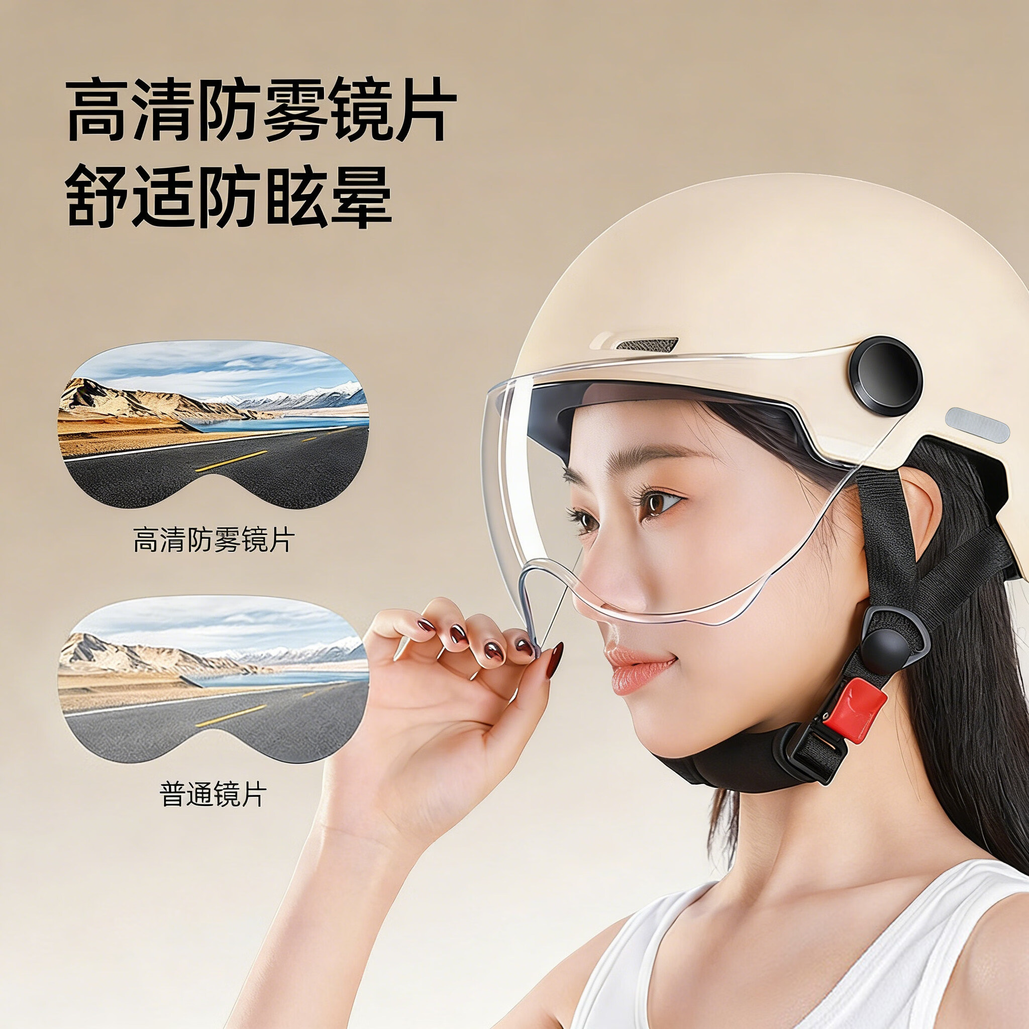 飞鸽电动车头盔女夏季防晒电瓶摩托车半盔四季安全帽3C认证新款 奶白色【茶色防晒-短镜】新国标3C