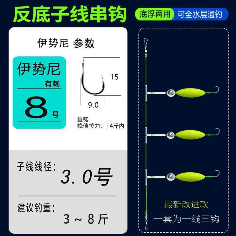 新款反离底串钩成品欧鲤双钩抗走水钓组伊势尼反底子线三钩新钓组 反底串钩【伊势尼】8号 3付【反底3钩】