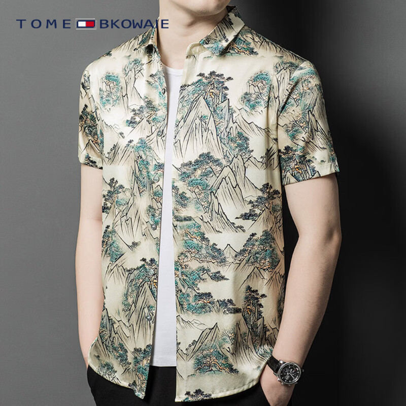 TOME BKOWAIE汤米真丝衬衫男装夏天新款印花真丝绸缎高端潮牌青中年短袖衬衣男 米白色 3XL