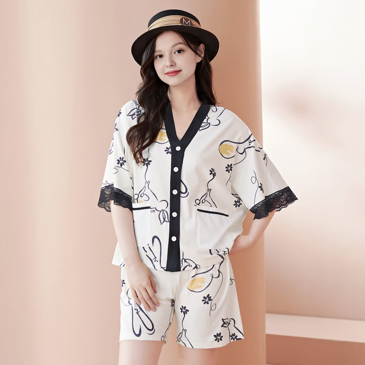芬腾睡衣女款夏季纯棉短袖可外穿休闲薄款夏天凉感大码家居服套装 FJ27921928米色 M 建议90-110斤